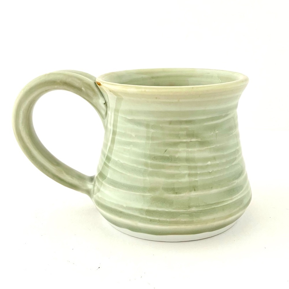 Organic Striped Greenish Light Gray Ceramic Mug, Handmade Studio Pottery 8 oz.